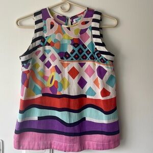 Colorful sleeveless open back women top, retro style, geometric prints. Size S